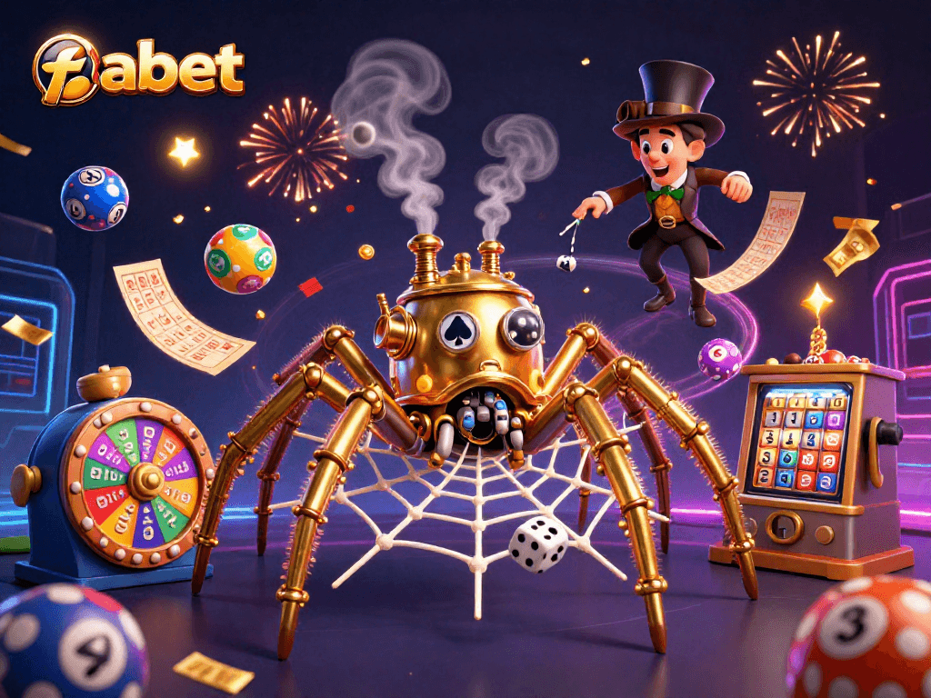 Experience the thrill of fabet as the golden spider captures dice in a dazzling casino web.