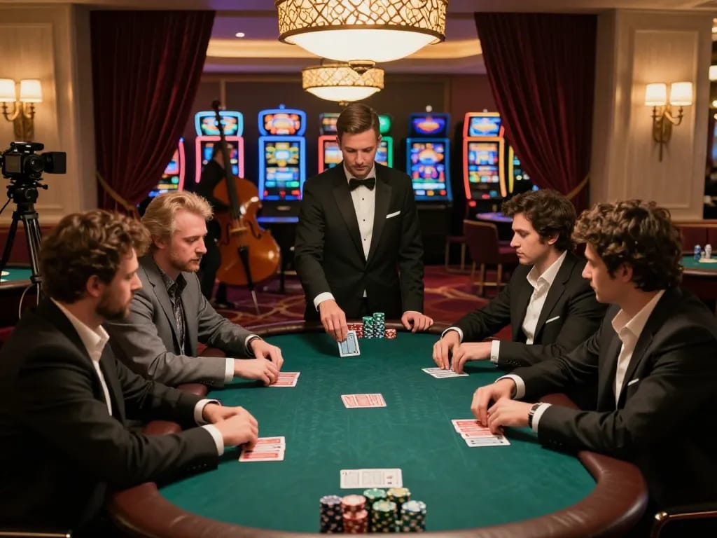 Players strategizing during a sophisticated poker game in an upscale casino setting featuring nohu