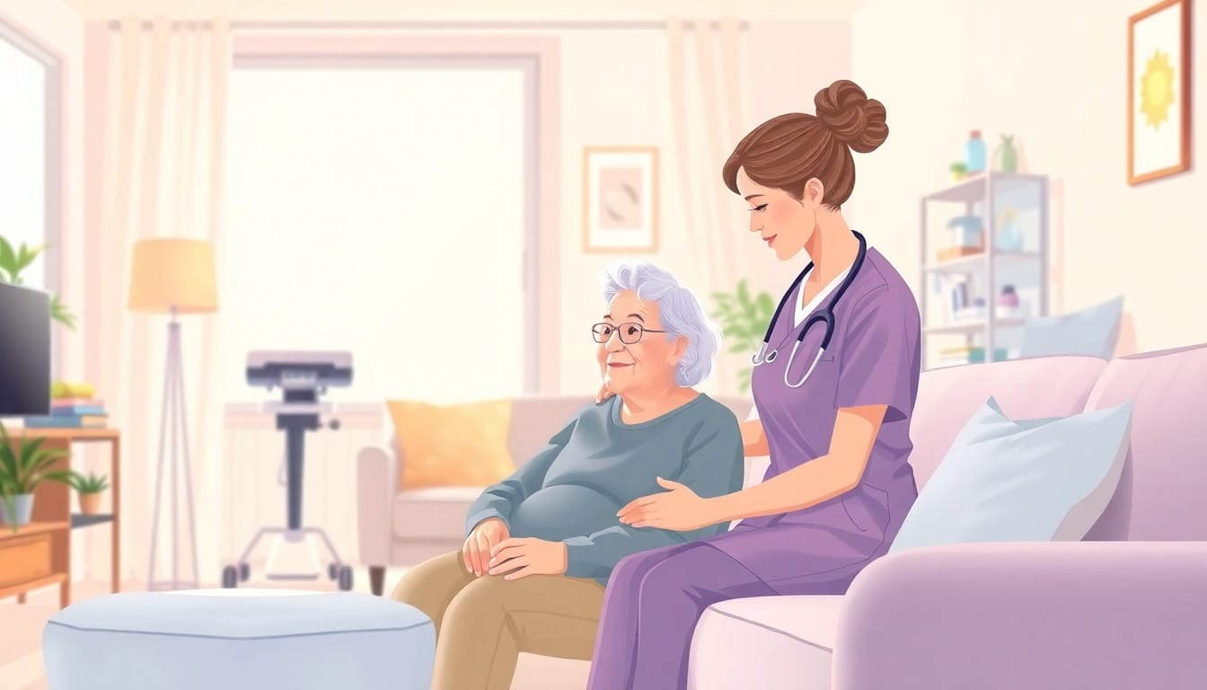 Empathetic nurse providing home care through Pflegedienst in a cozy living room.