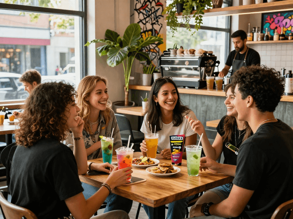 Friends enjoying rokok88 super beverages at a vibrant café.
