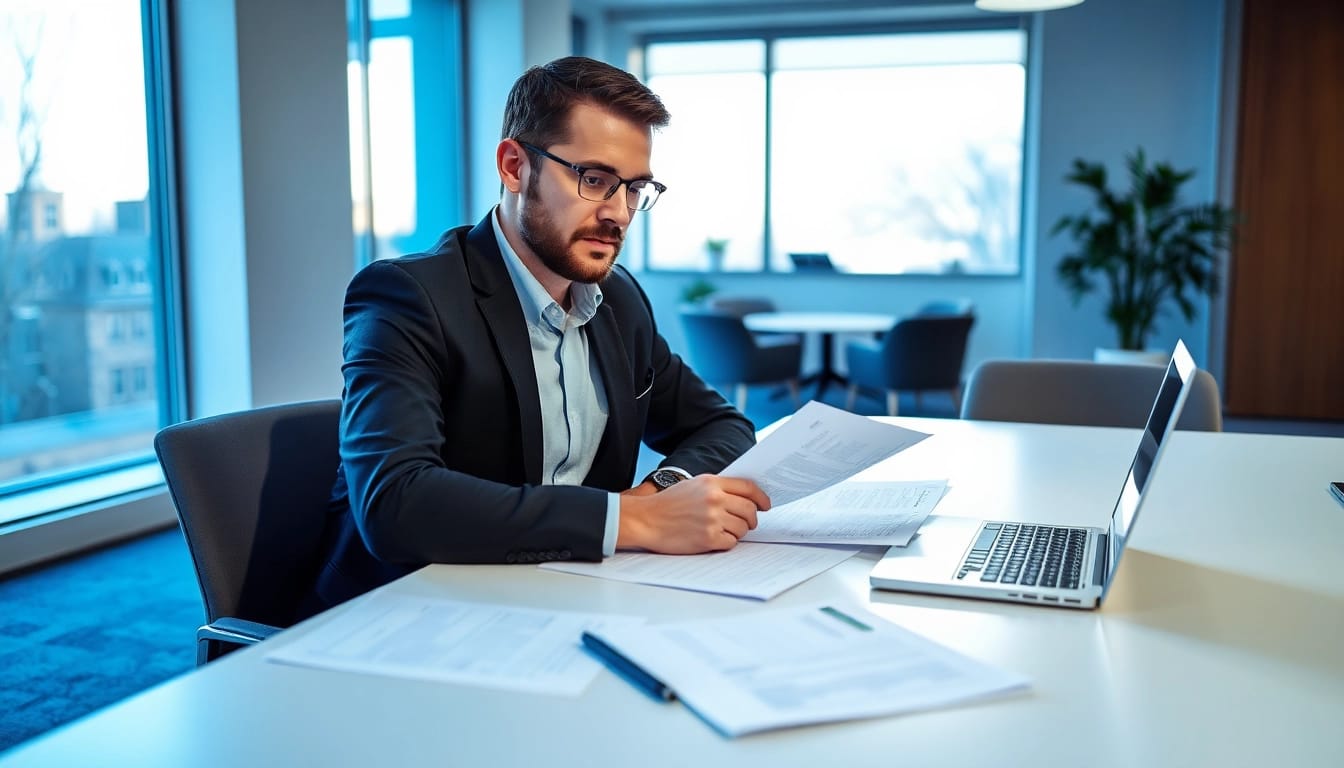 Headhunter Kassel, der konzentriert Bewerbungen screenet und Professionalität ausstrahlt.