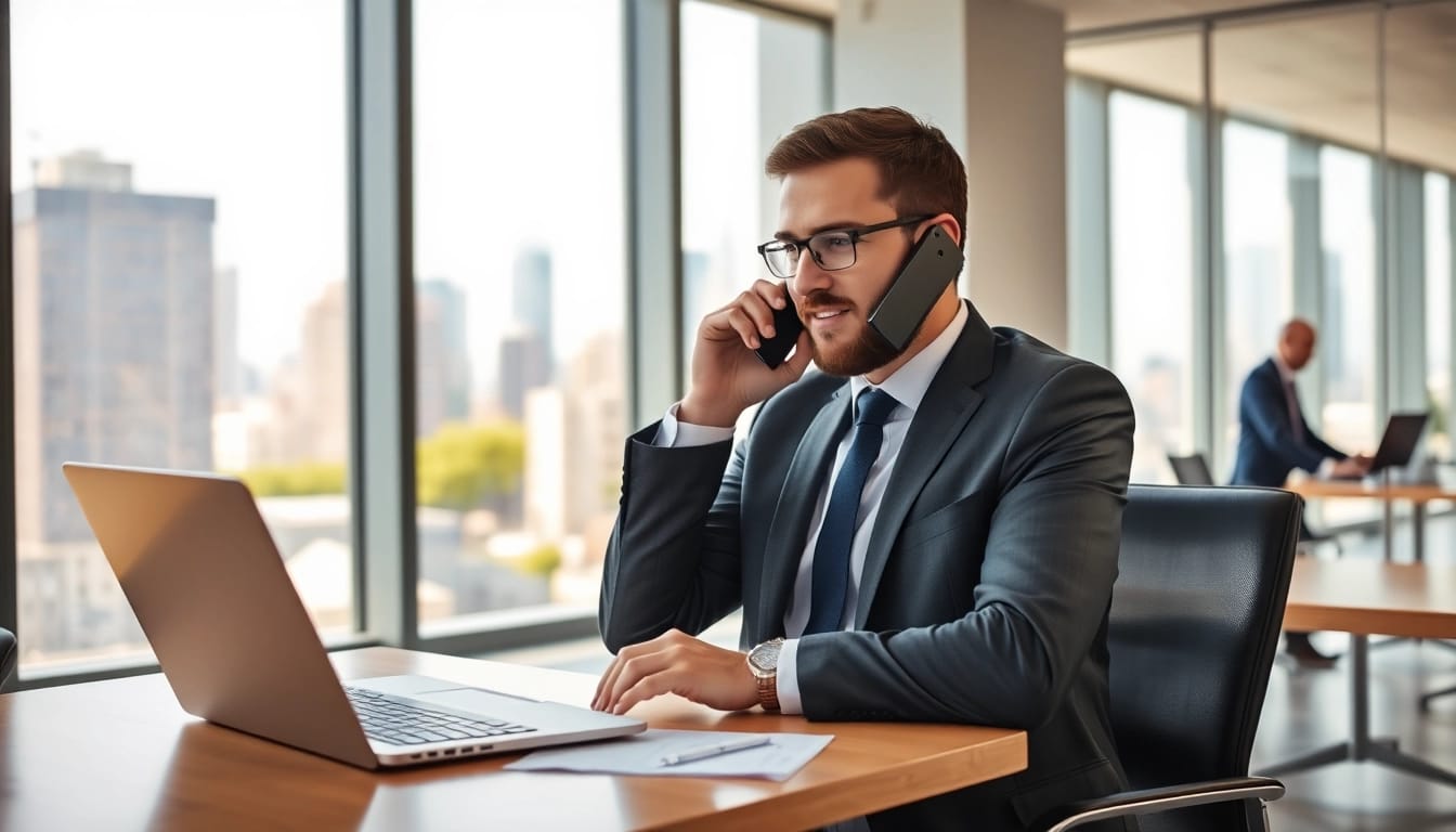 Headhunter bei der Arbeit am Schreibtisch, telefoniert professionell und engagiert.
