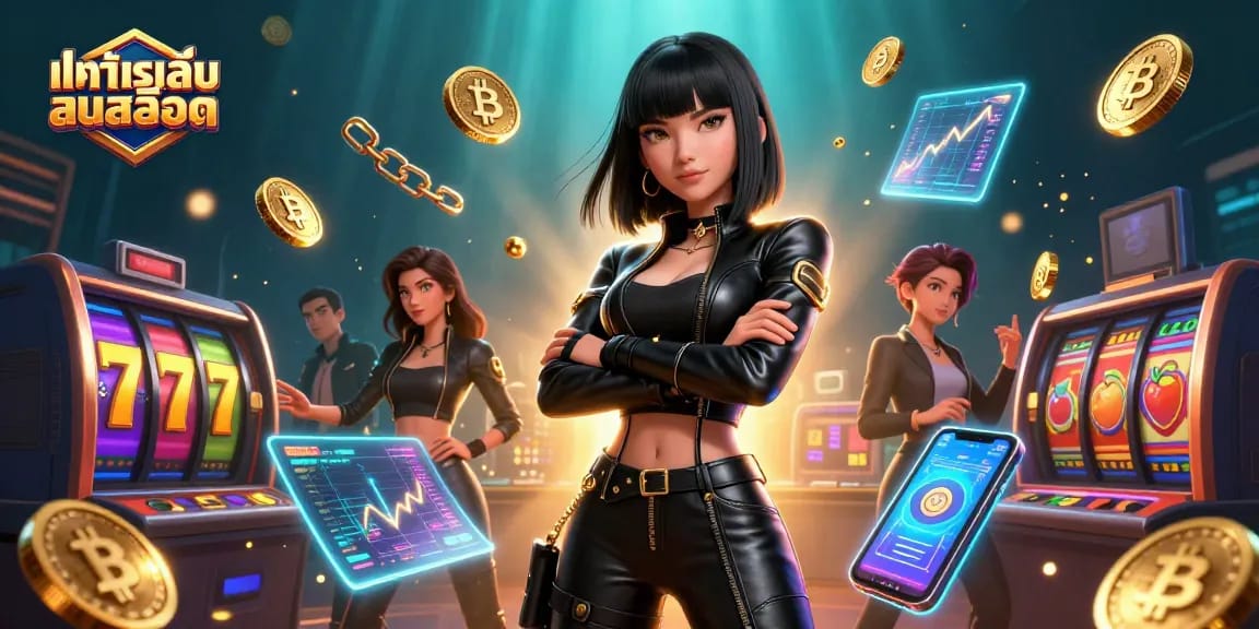 Play ทดลองเล่นสล็อต with vibrant slot reels and crypto elements in a dynamic casino scene.