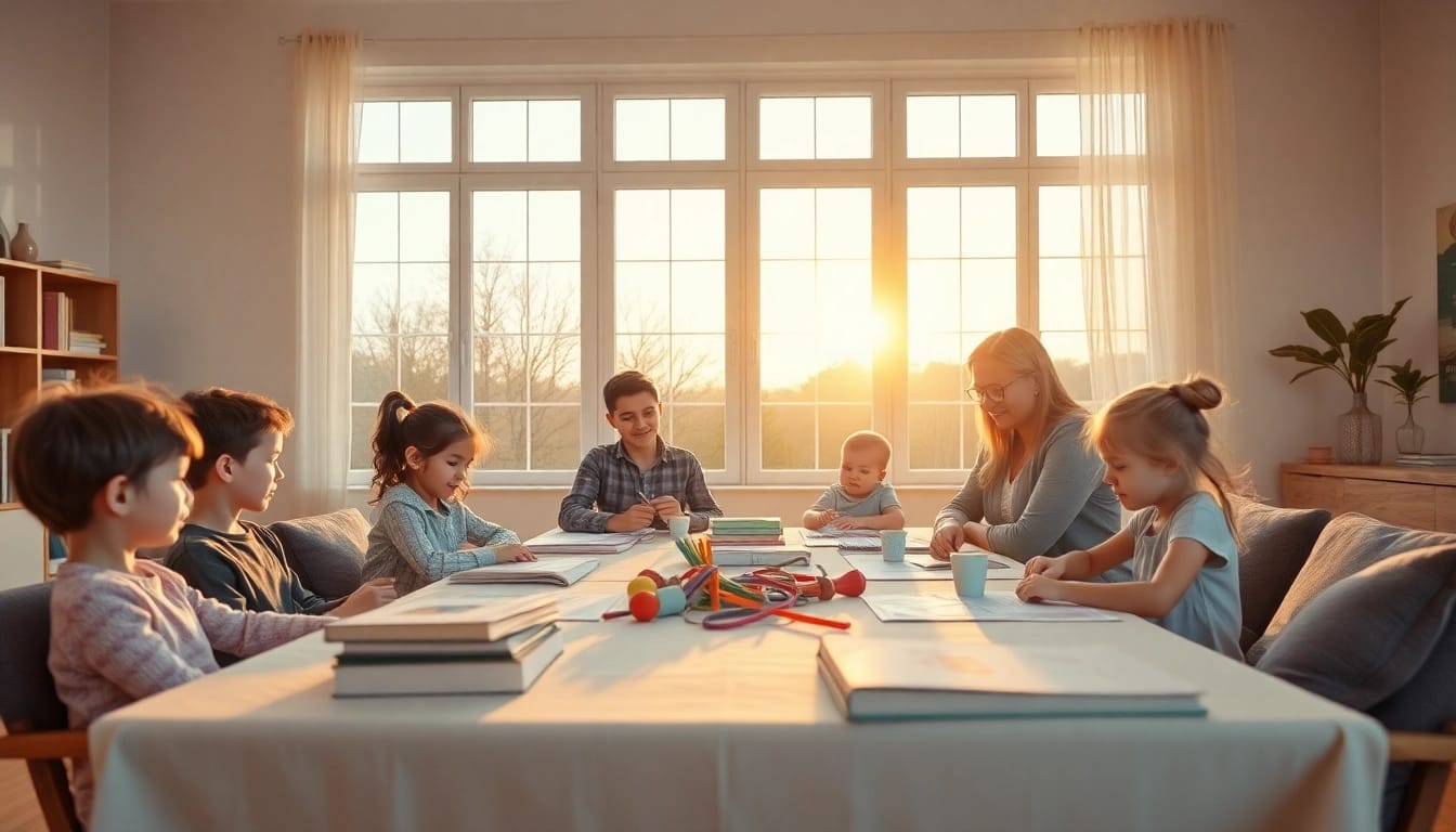 Familie beim Heimunterricht am Küchentisch, das Lernen gemeinsam genießen.