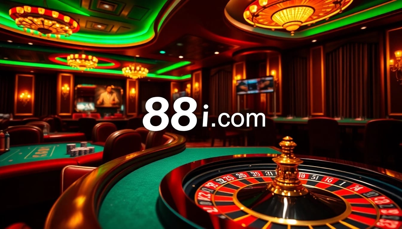 A dynamic casino scene with online betting interface, highlighting 88i com's luxurious atmosphere.