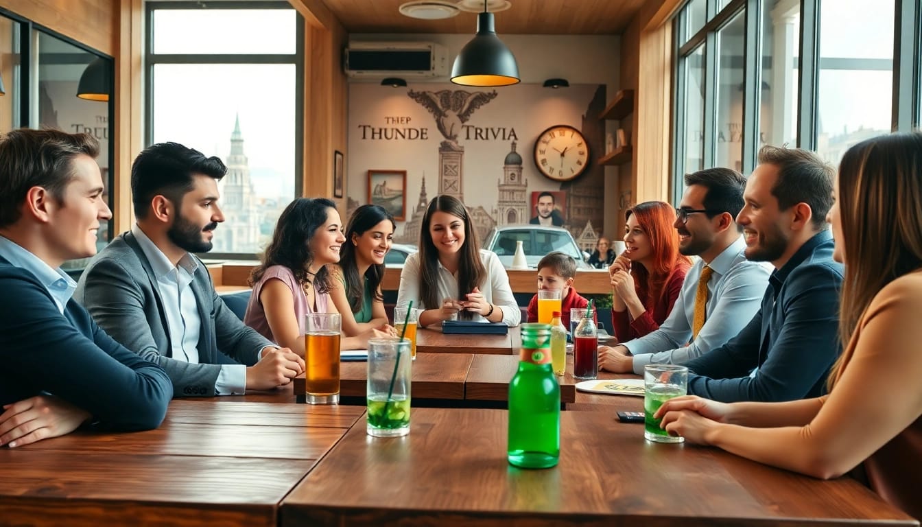 Spannende Europa Quiz-Sitzung in einem gemütlichen Café mit Wettbewerbsteilnehmern.