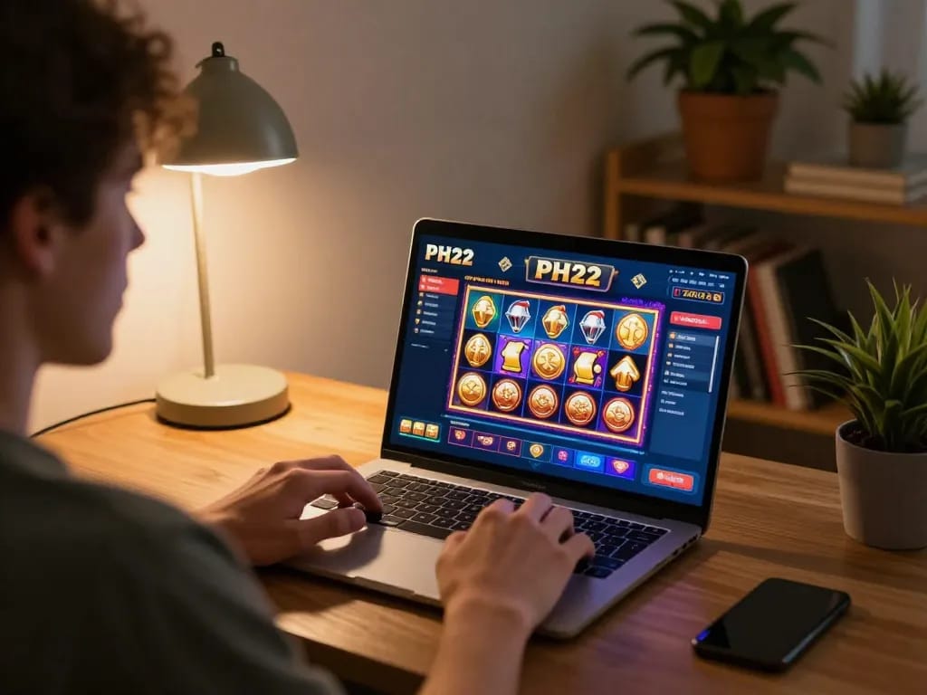 Player immersed in PH22 online gaming experience on laptop, cozy atmosphere highlighting responsible gaming.