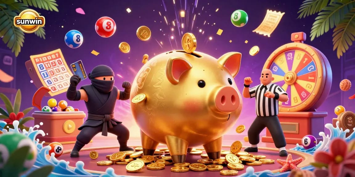 Experience thrill with sunwin in this vibrant 3D casino scene featuring dynamic characters and game elements.