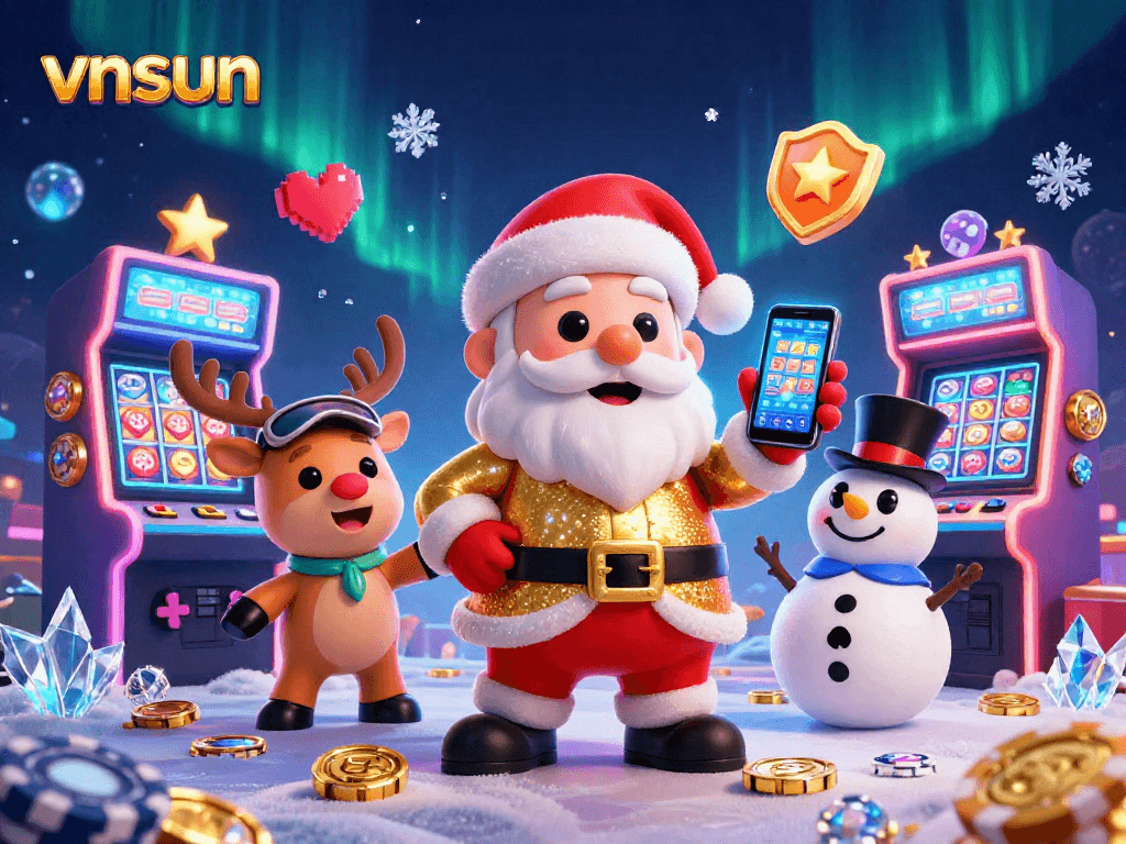 Experience the thrill of vnsun casino action with Santa and friends in a vibrant gaming scene.
