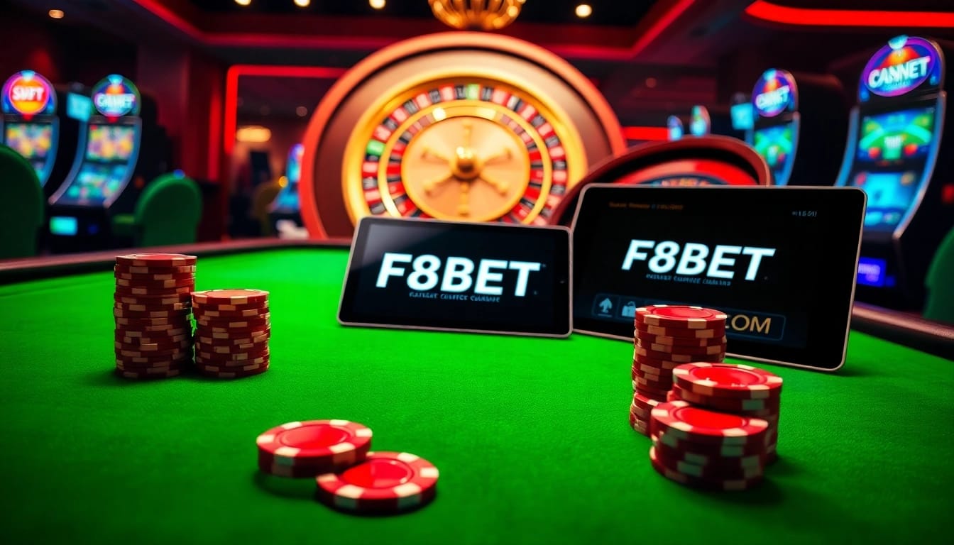 High-energy casino scene featuring F8BET.COM with vibrant poker chips, roulette, and digital interfaces.