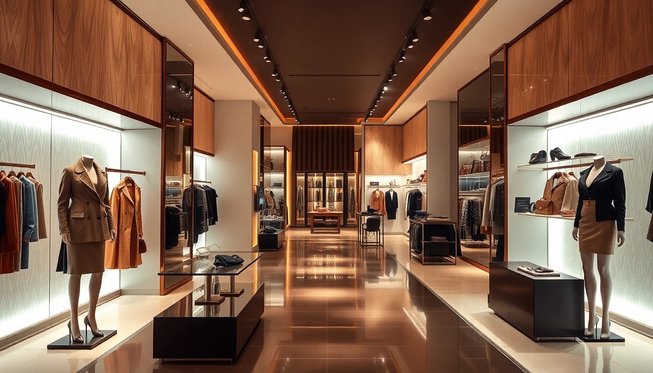 Luxury boutique displaying exclusive fashion items in an elegantly designed interior.