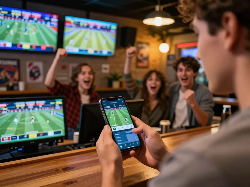 Tỷ lệ nhà cái displayed as a person places strategic bets using a smartphone in a lively sports betting bar.