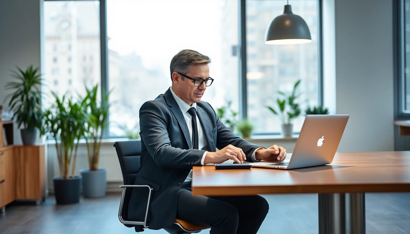 Headhunter Saarbrücken beim Arbeiten am Schreibtisch, umgeben von modernem Bürodesign.