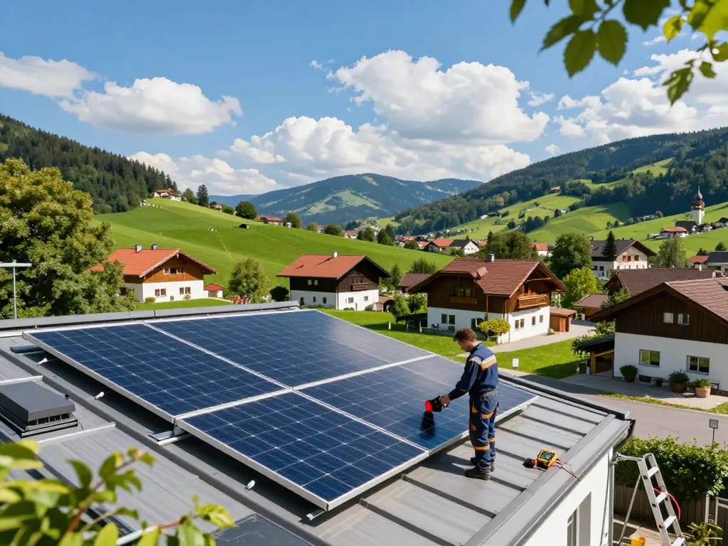 Photovoltaik Bayern mit Solarmodulen auf einem bayerischen Dach unter einem hellen Himmel, der erneuerbare Energie zeigt.