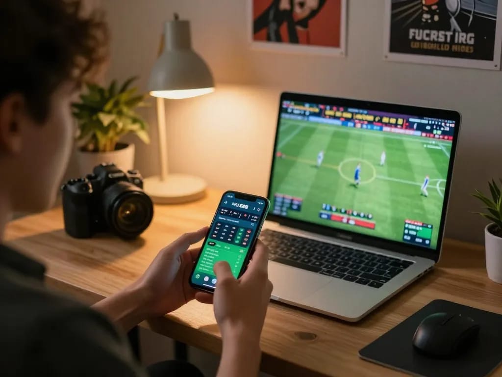 Engaging with SC88 Link app on smartphone while betting online, cozy home gaming setup