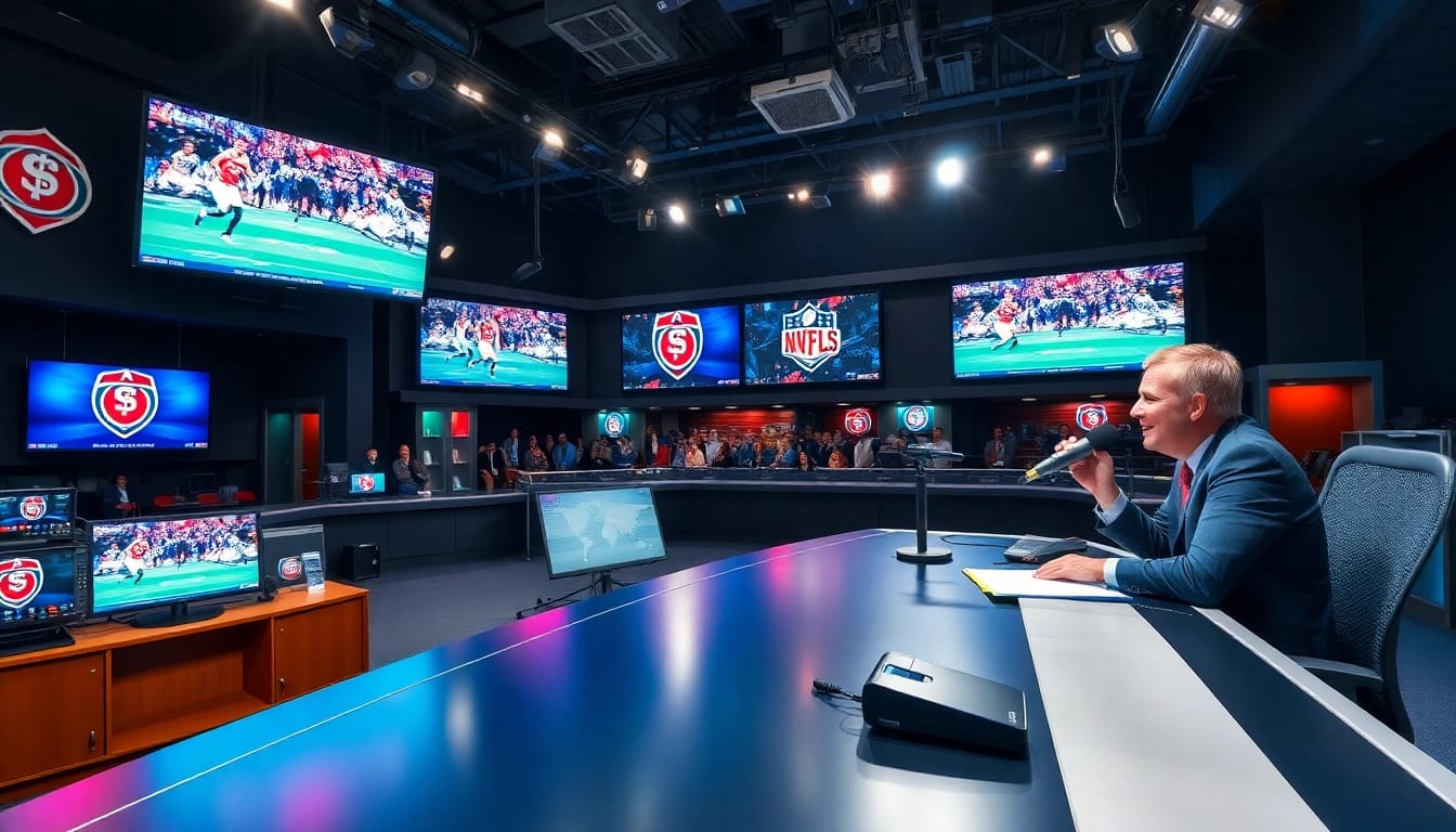 Capture of a lively sports broadcasting scene showcasing live games and a host in action.