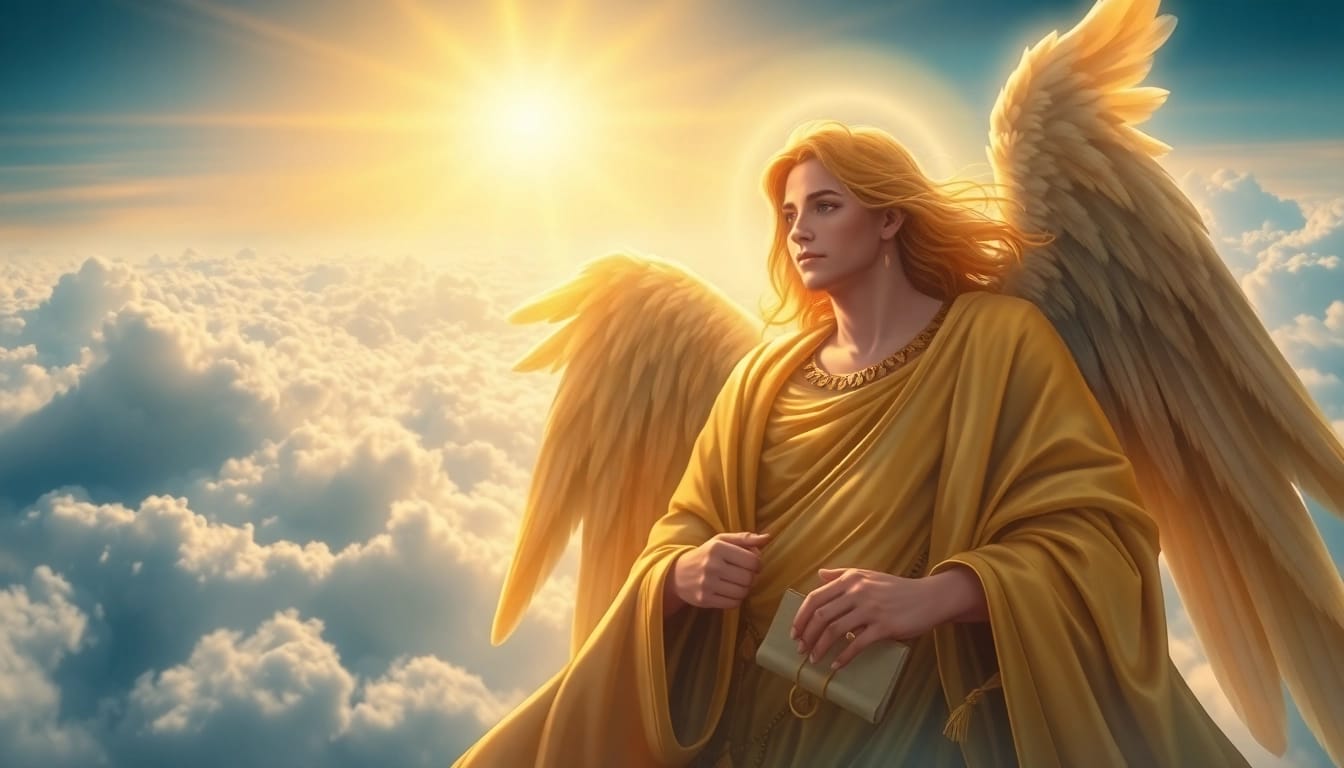 Erzengel Uriel, der Engel des Lichts, steht in einer himmlischen Landschaft und strahlt Weisheit aus.