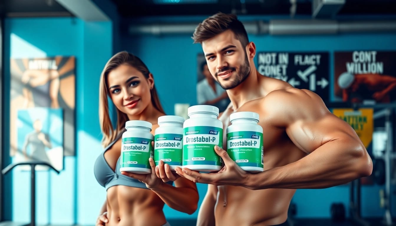 Drostabal-P Masteron Propionate supplements showcased by athletic couple in gym.
