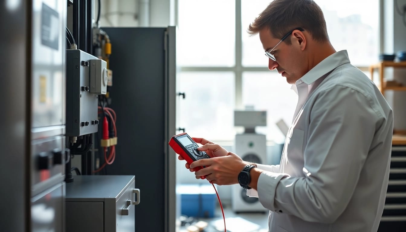 Technician conducting a DGUV V3 Prüfung of electrical equipment, ensuring workplace safety.