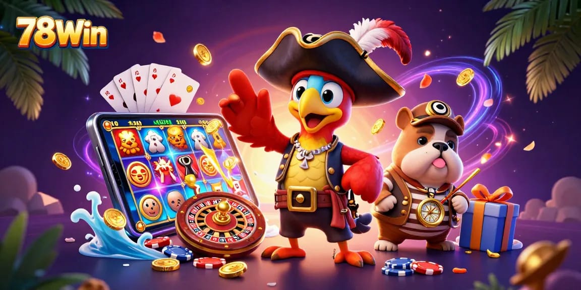 Play slot games at 78Win as a pirate captain directs winning strategies in a vibrant casino scene.