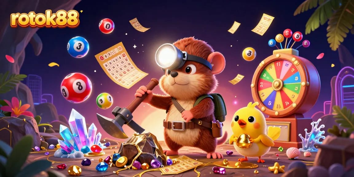 Engage in thrilling games at rokok88 with a treasure hunter mole uncovering riches in a colorful gaming cave.