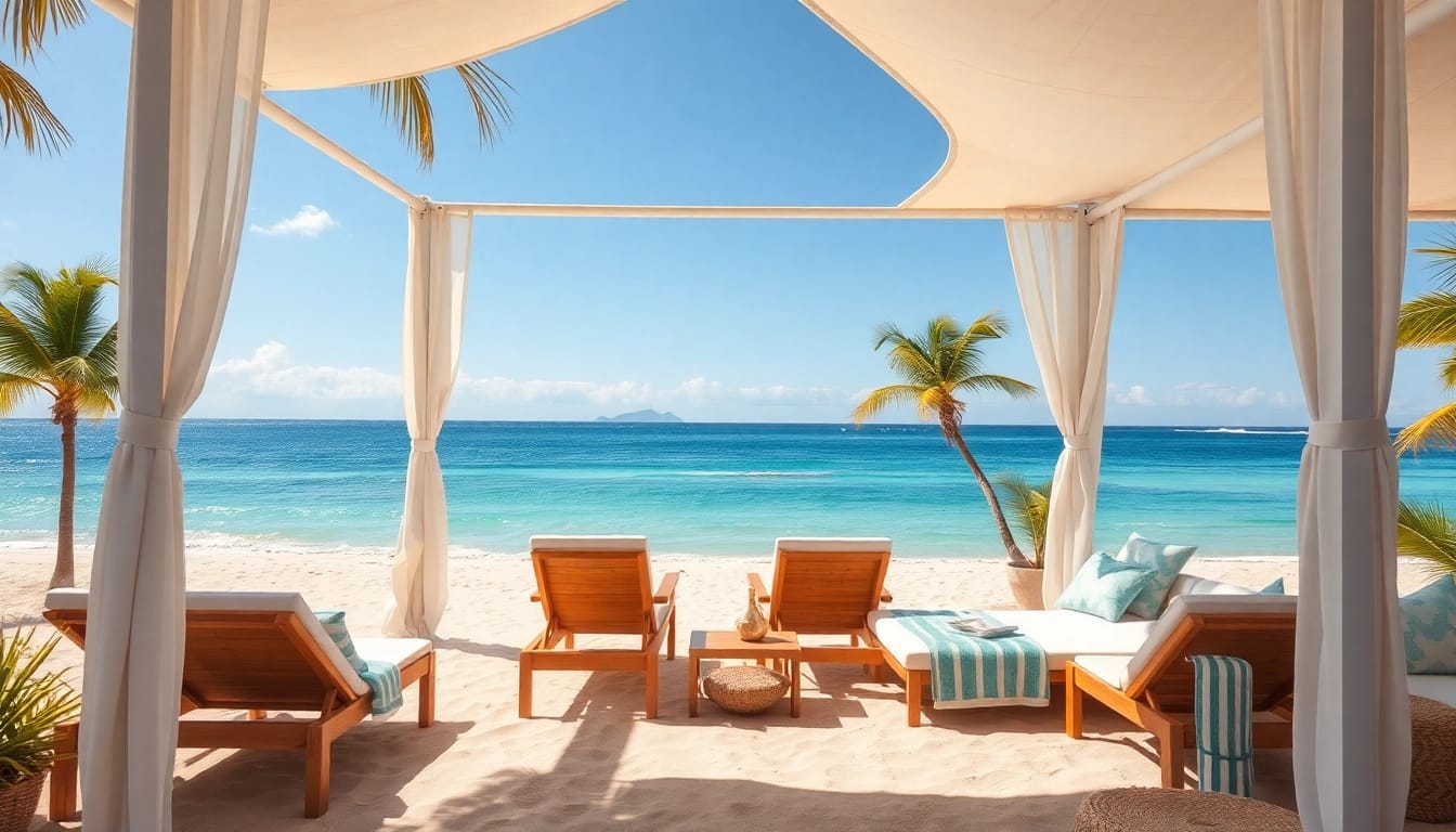 Entspanne in der Coastal Cabana am Strand mit Blick auf das blaue Meer.