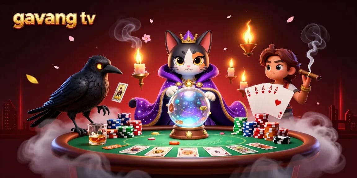 Experience vibrant gambling fun with Gavang TV's colorful casino scene filled with poker elements.