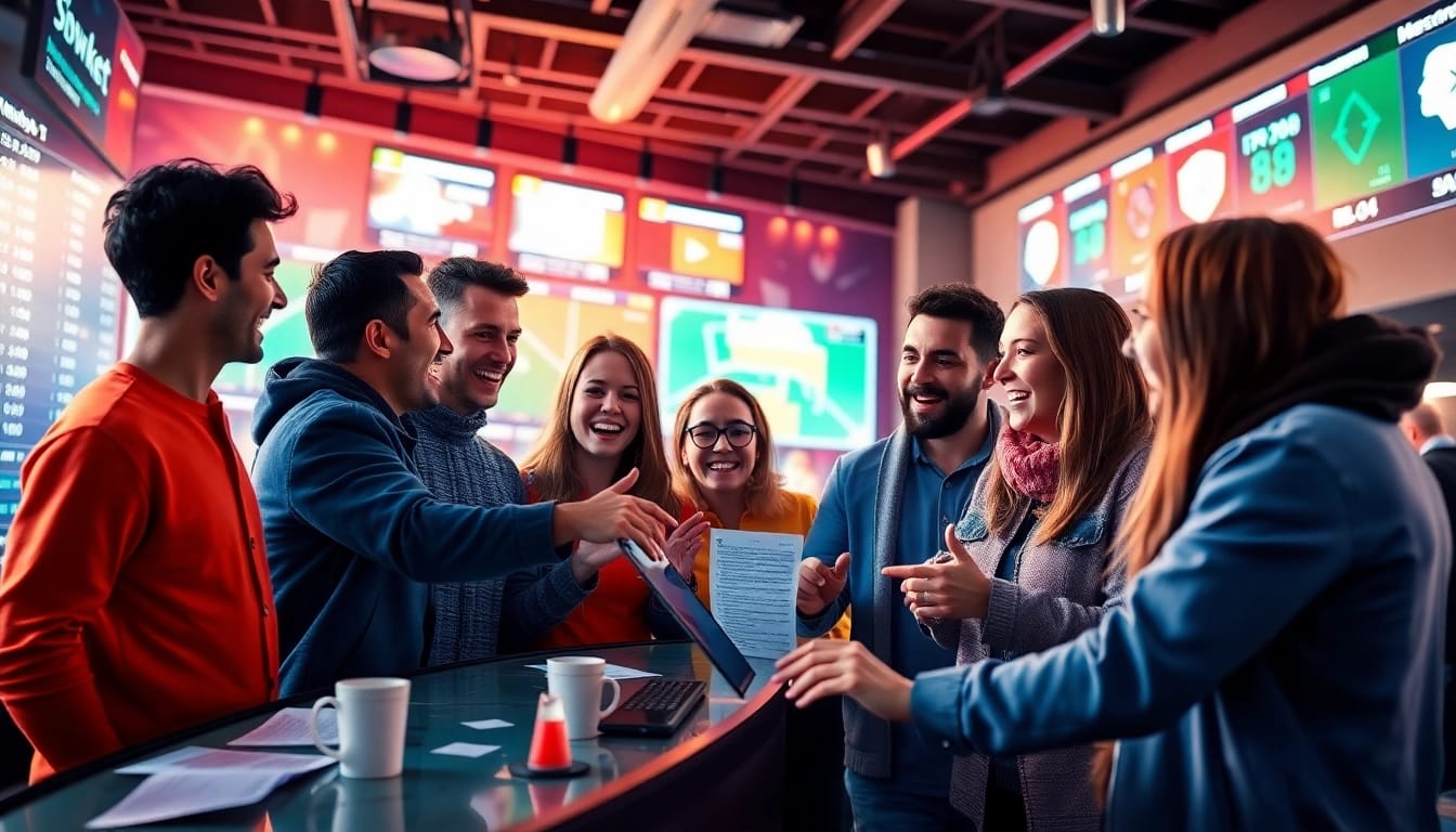 Dynamic scene of users discussing neue wettanbieter and their features at a digital betting platform.