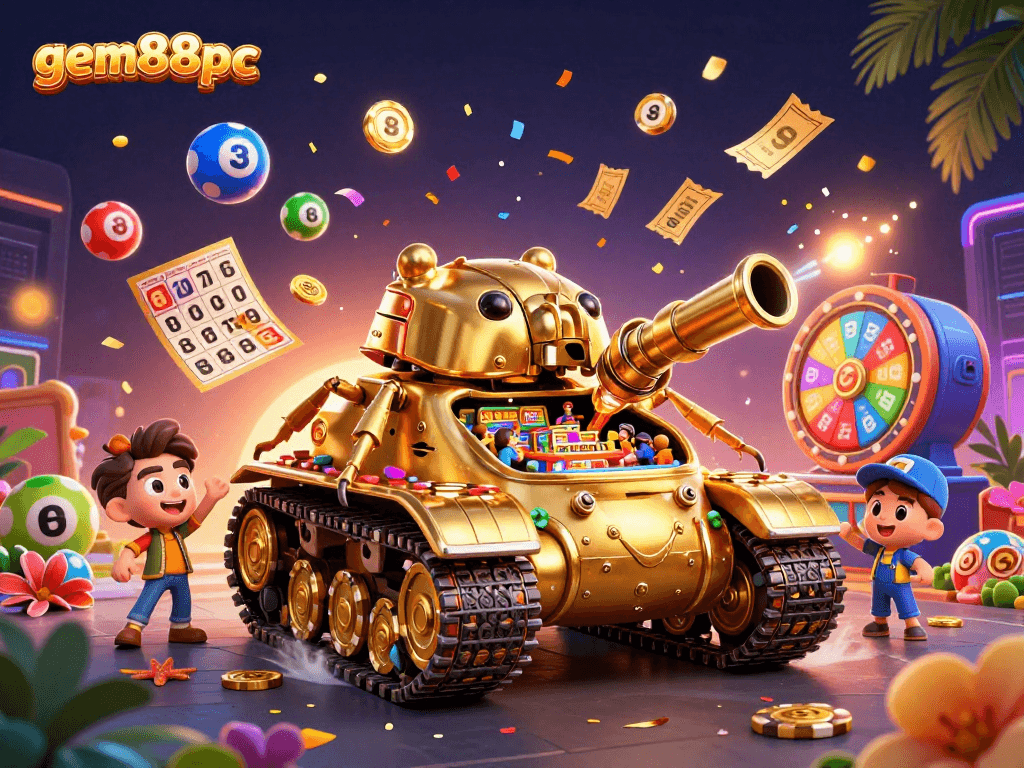 Experience thrilling gameplay with gem88pc's unique casino tank showcasing dynamic prizes and colorful elements.