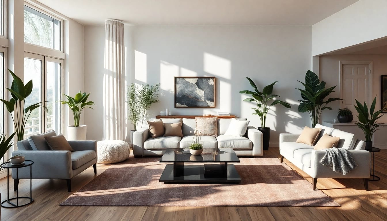 Raumgestaltung in einem modernen Wohnzimmer mit warmem Licht und einladendem Design.