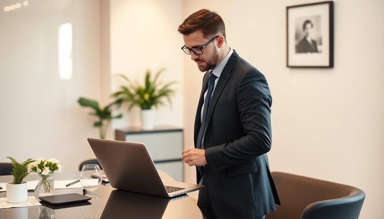 Headhunter Saarbrücken in einem modernen Büro, engagiert im Gespräch mit einem Klienten, Vertrauen und Professionalität ausstrahlend.