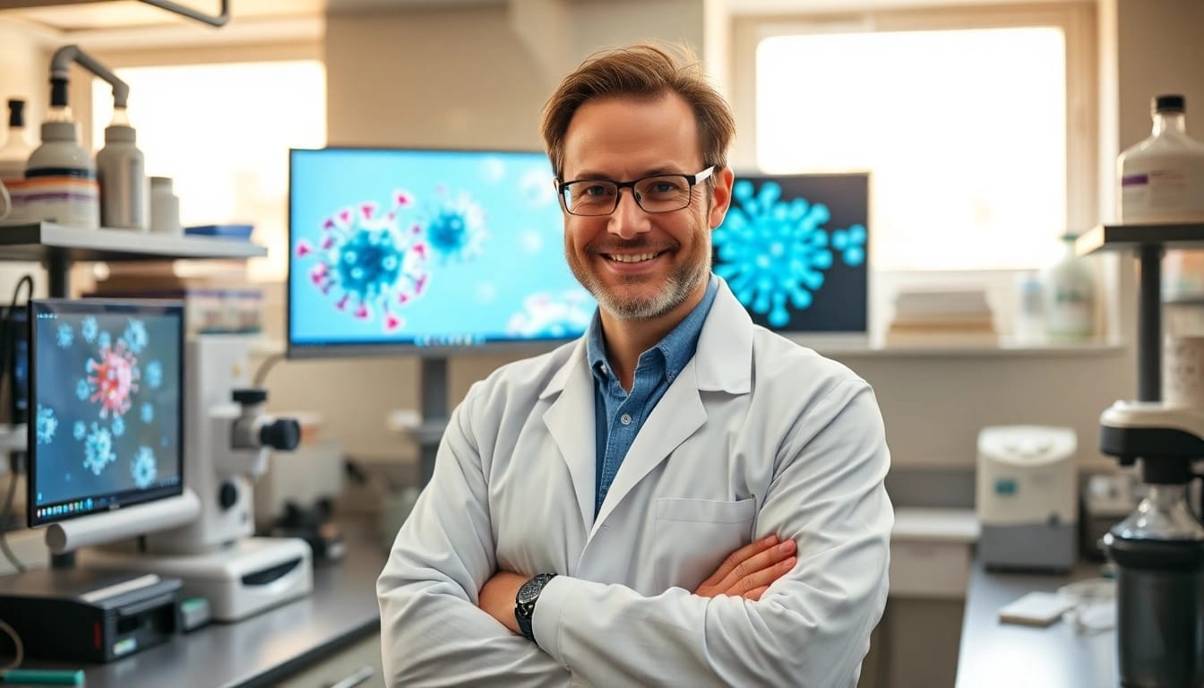 Stephan Becker arbeitet konzentriert in einem modernen Labor, umgeben von wissenschaftlichen Geräten und Viren-Visualisierungen.