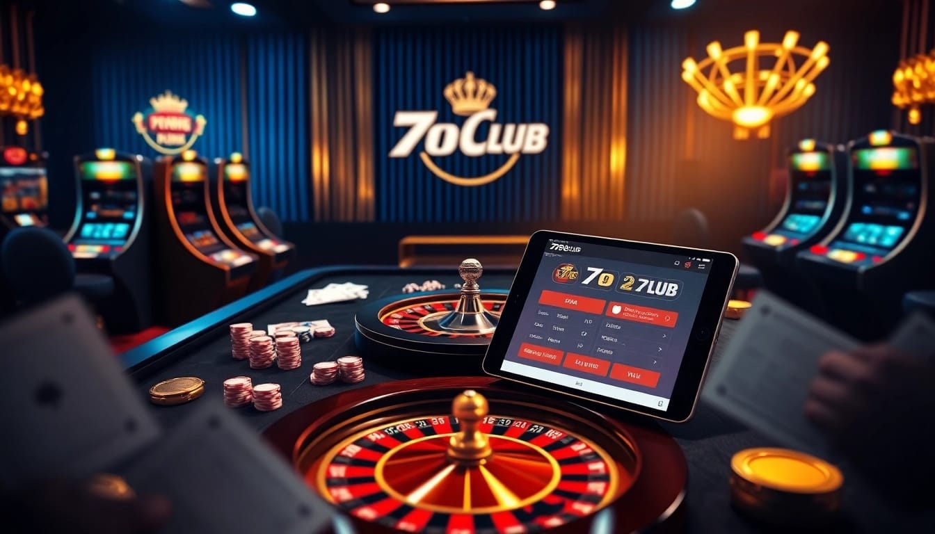Experience the thrill of đăng ký 789club with a vibrant casino scene featuring gaming tables and modern gambling interfaces.