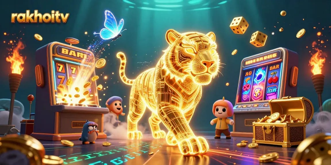 Experience the thrilling actions at rakhoitv with vibrant casino elements illustrated in a rich 3D scene.