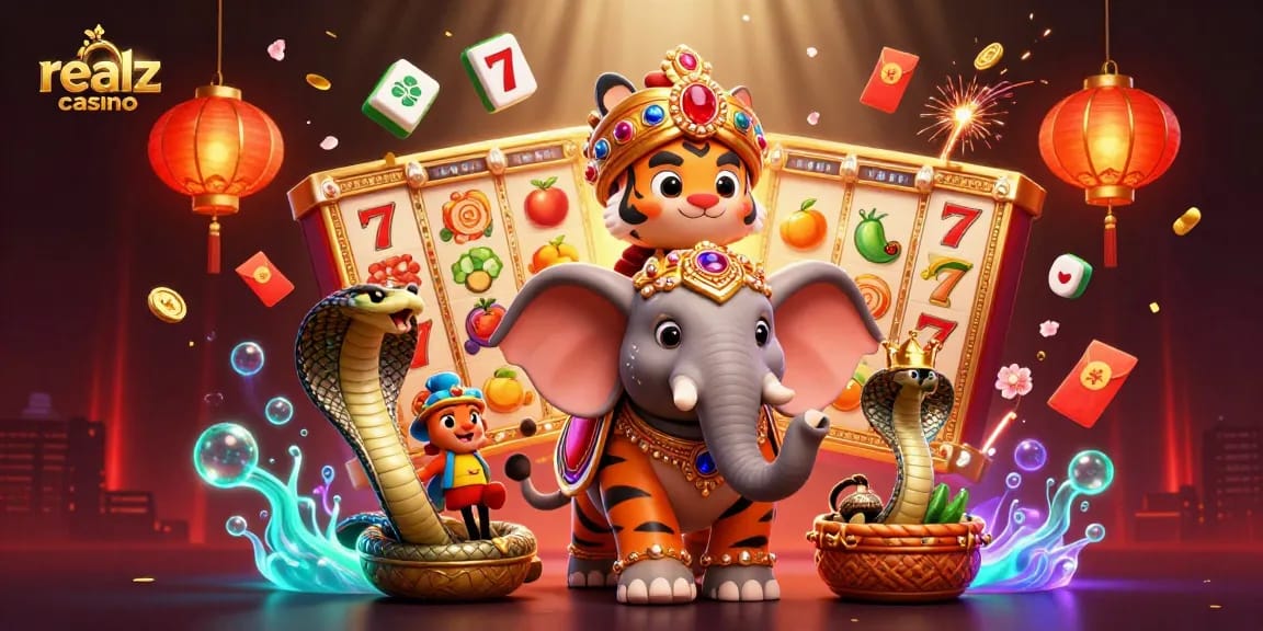 Experience realz casino excitement with a vibrant 3D illustration of rich gaming elements and characters.