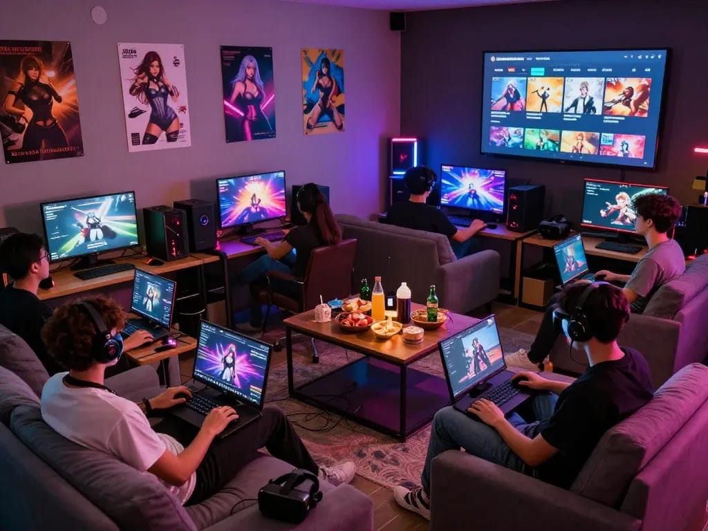 Engaging scene of players enjoying a sex game online in a colorful lounge setting, showcasing the fun and social aspects of adult gaming entertainment.