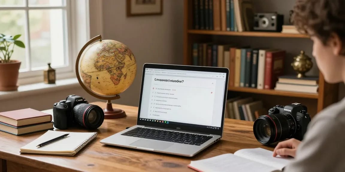 Engaging quiz Allgemeinwissen experience in a cozy study room with a person using a laptop.