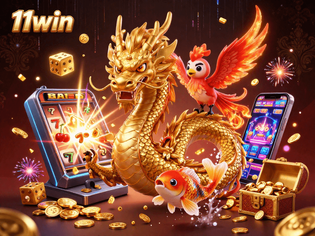 Experience thrilling wins at 11win with an energetic casino scene featuring a golden dragon and captivating slot machine.