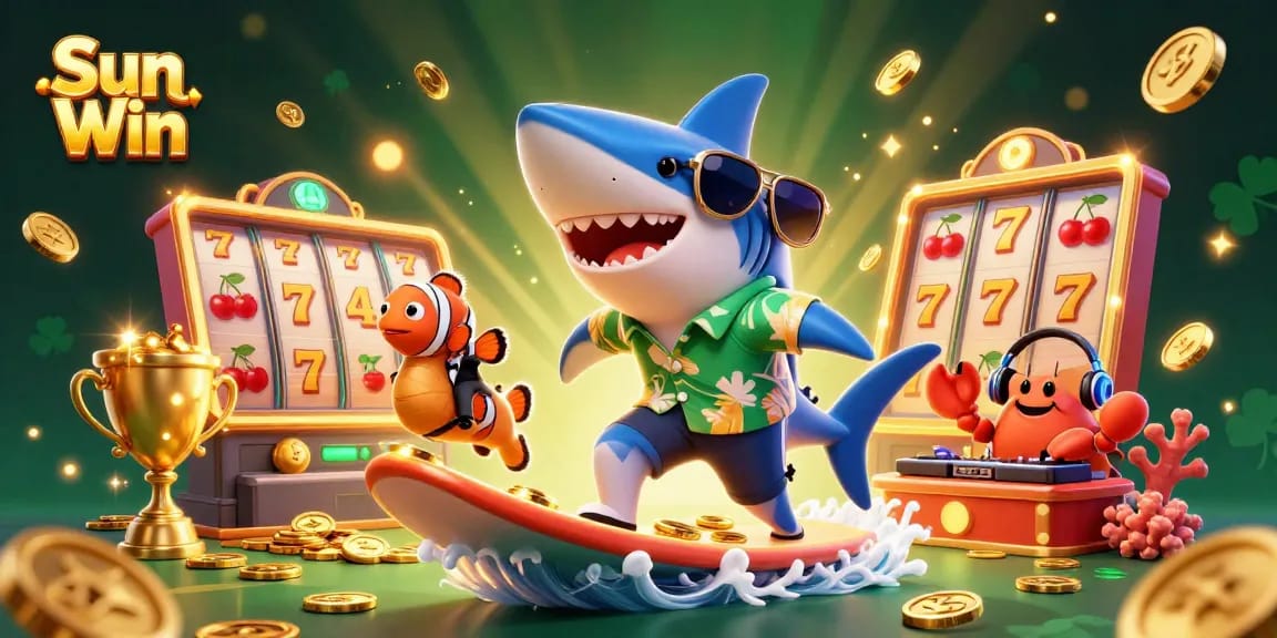 Experience the thrill of Sun Win with a cartoon shark surfing on gold coins, symbolizing casino wins.
