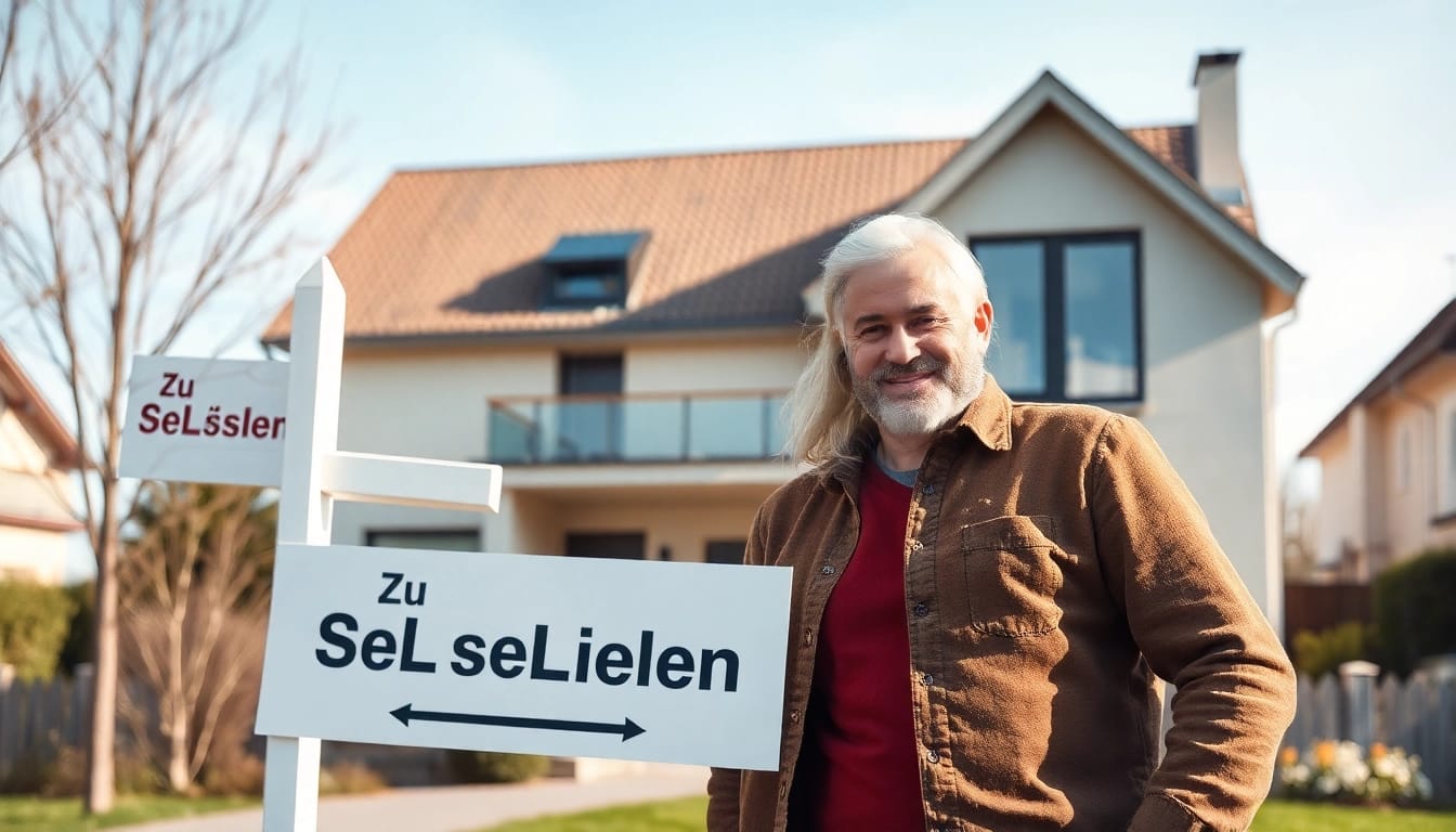 Glückliches Paar vor ihrem neuen Hauskauf mit „Zu Verkaufen“-Schild