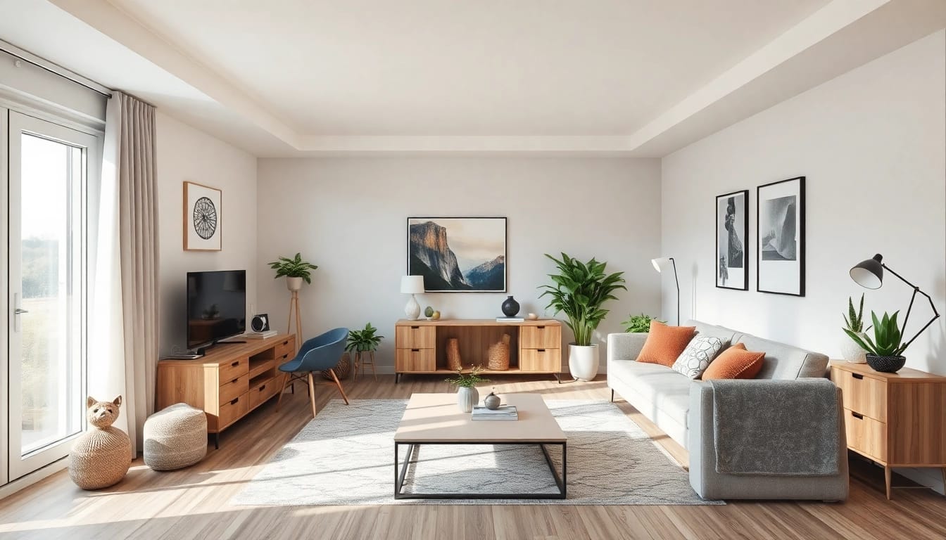 Inspiration für Raumgestaltung mit einem stilvollen Wohnbereich, der moderne Möbel und natürliches Licht nutzt.