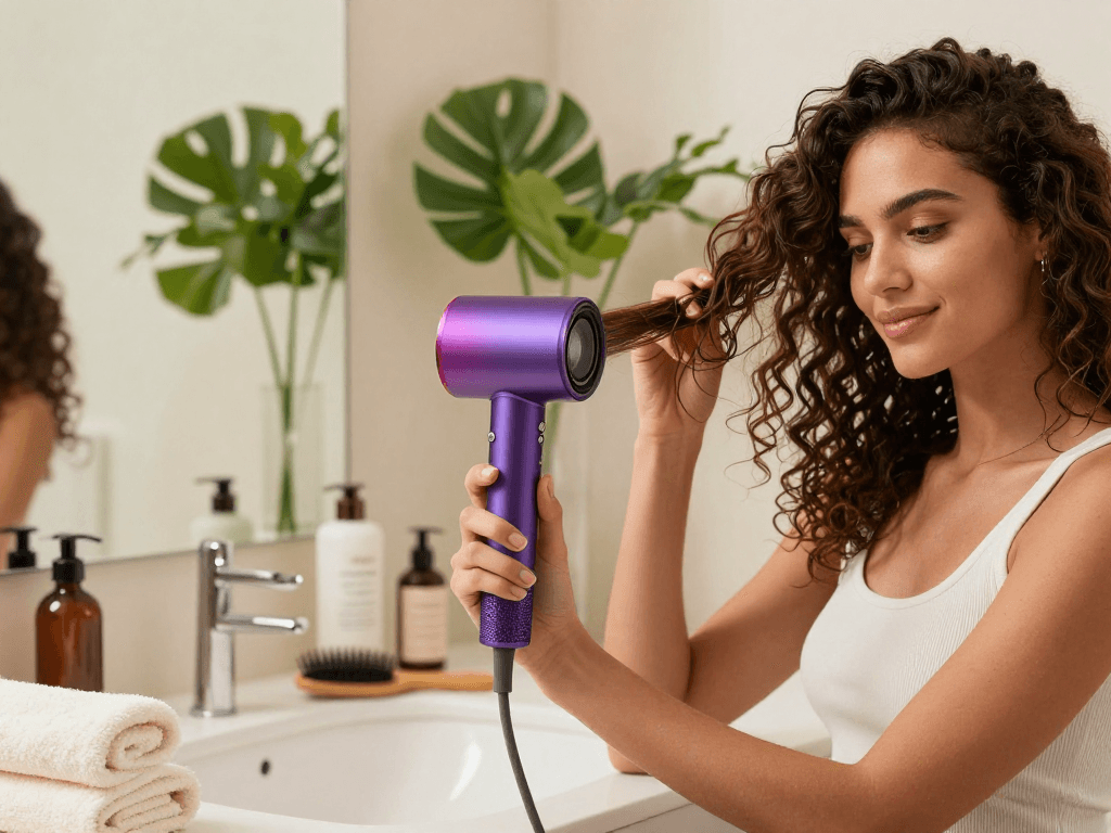 Woman using a compact hair dryer in an inviting bathroom, showcasing personal care routine.