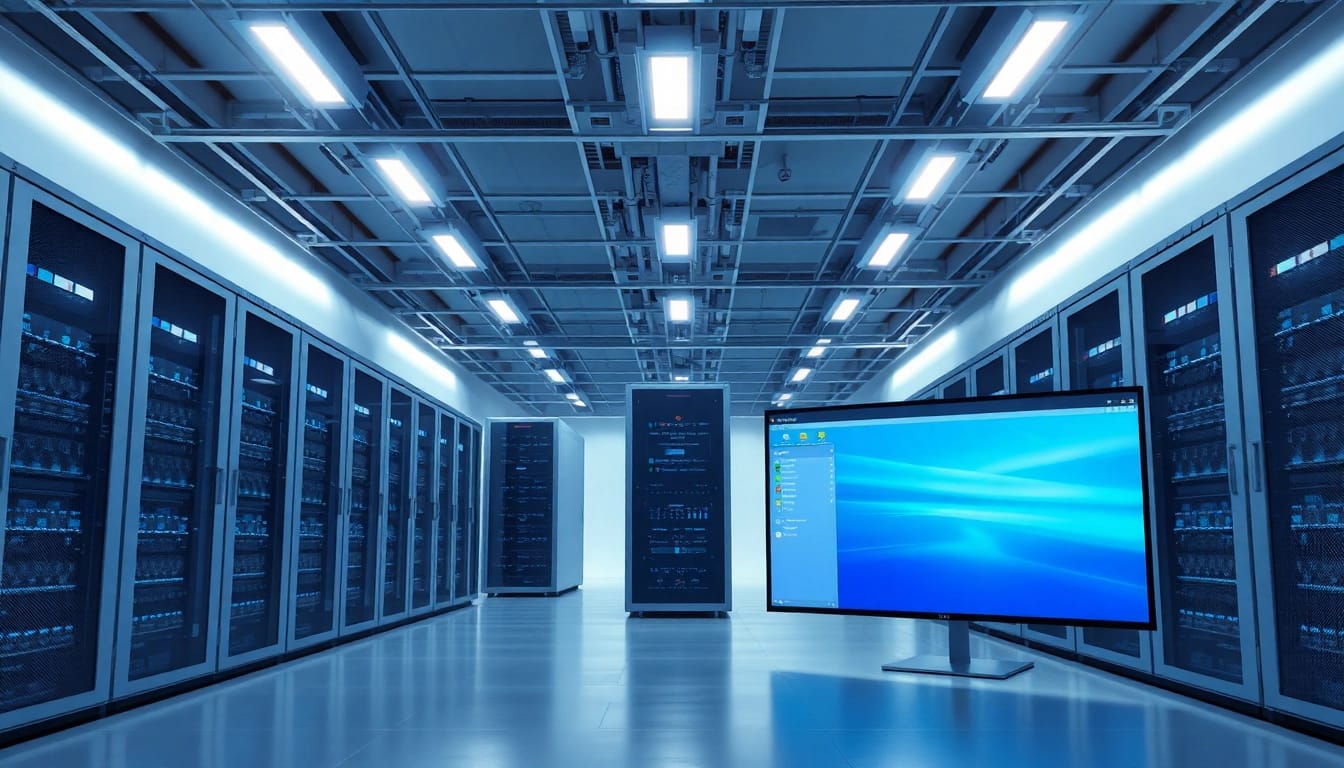 Visualisierung des Windows Server 2025 16 Core auf einem Bildschirm im modernen Datenzentrum.