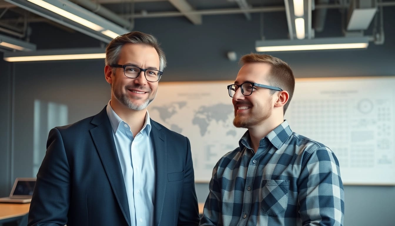 Headhunter Ingenieure im Gespräch mit einem Ingenieur in einem modernen Büro, Vertrauen und Professionalität ausstrahlend.