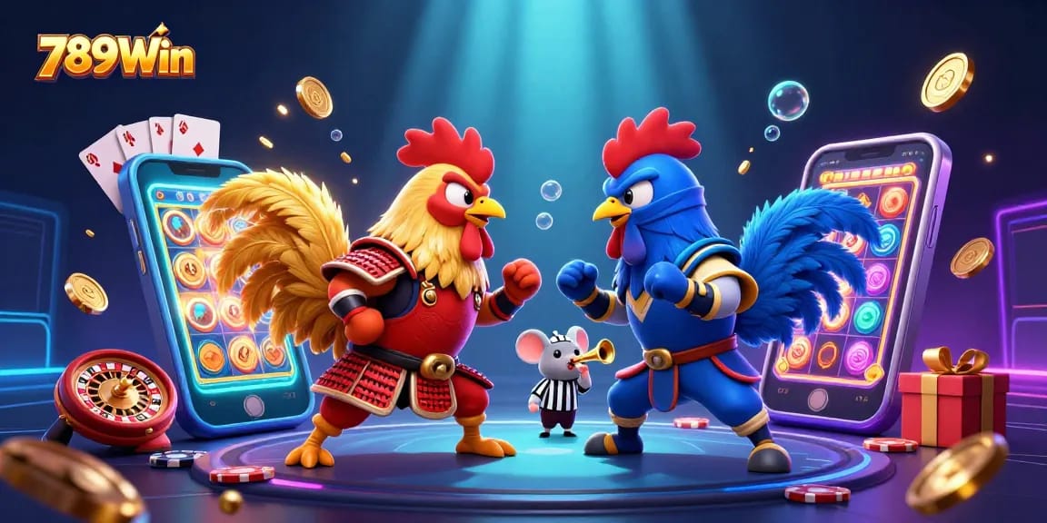 Experience thrilling gameplay at 789Win with dynamic rooster duel scene featuring popular gaming elements.