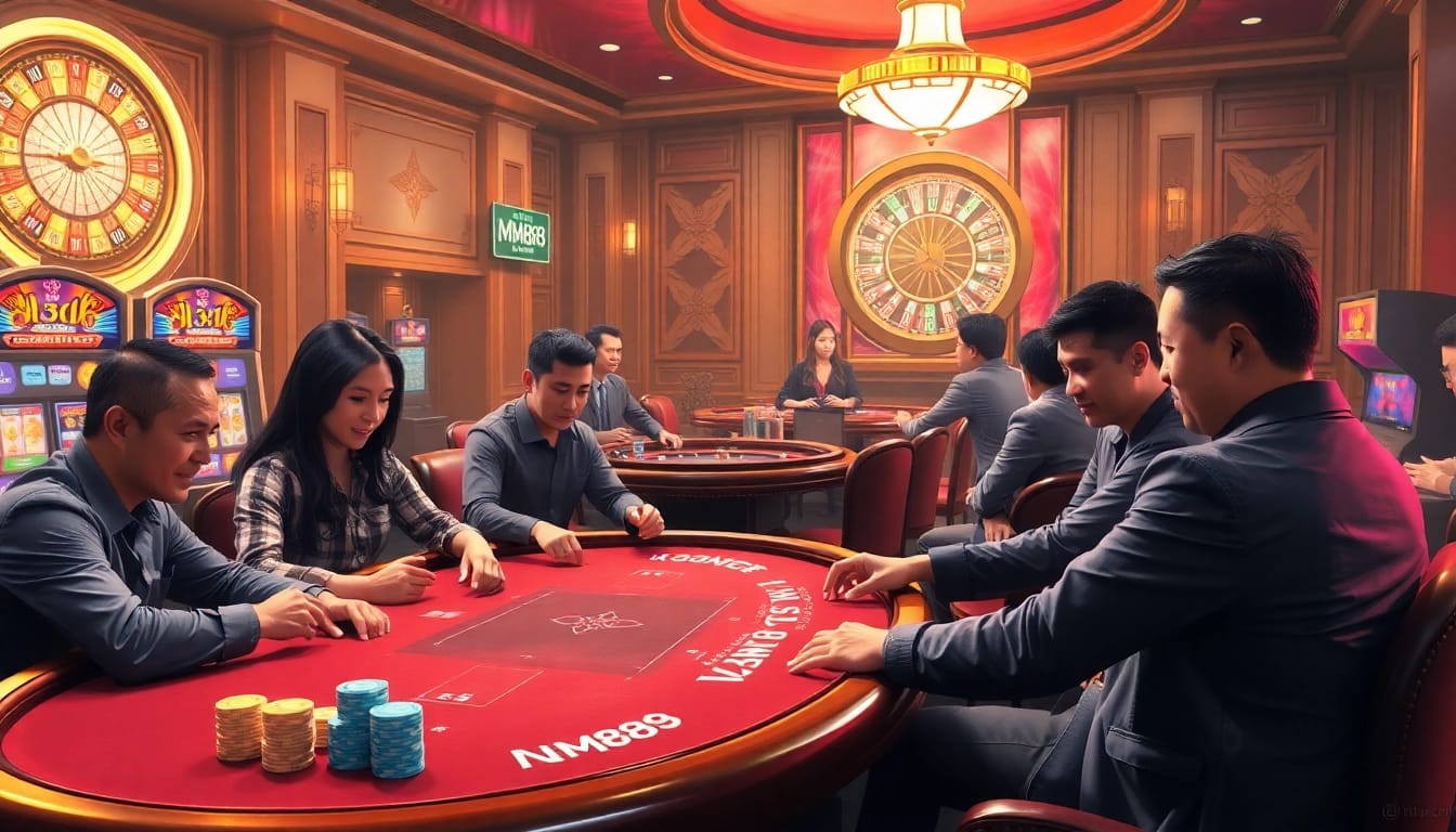 Players engaged in a thrilling game at MM88 casino, highlighting poker chips and tables in a luxurious setting.