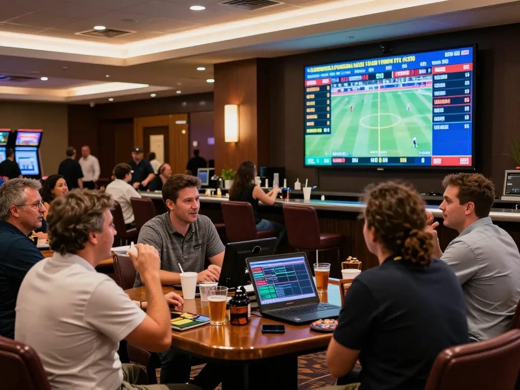 Soi kèo strategies being analyzed by bettors in a lively sports betting area.