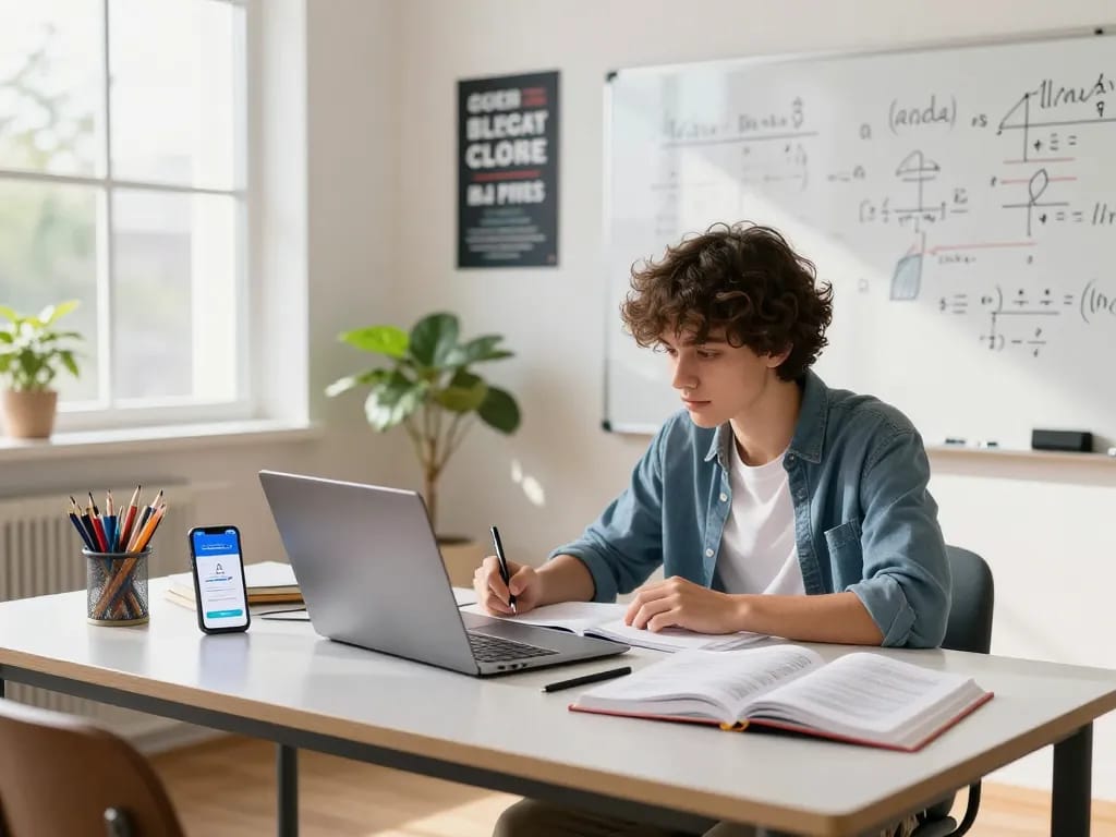 Hausaufgaben Löser online in einer modernen Studienumgebung mit einem Schüler, der Hausaufgaben löst.