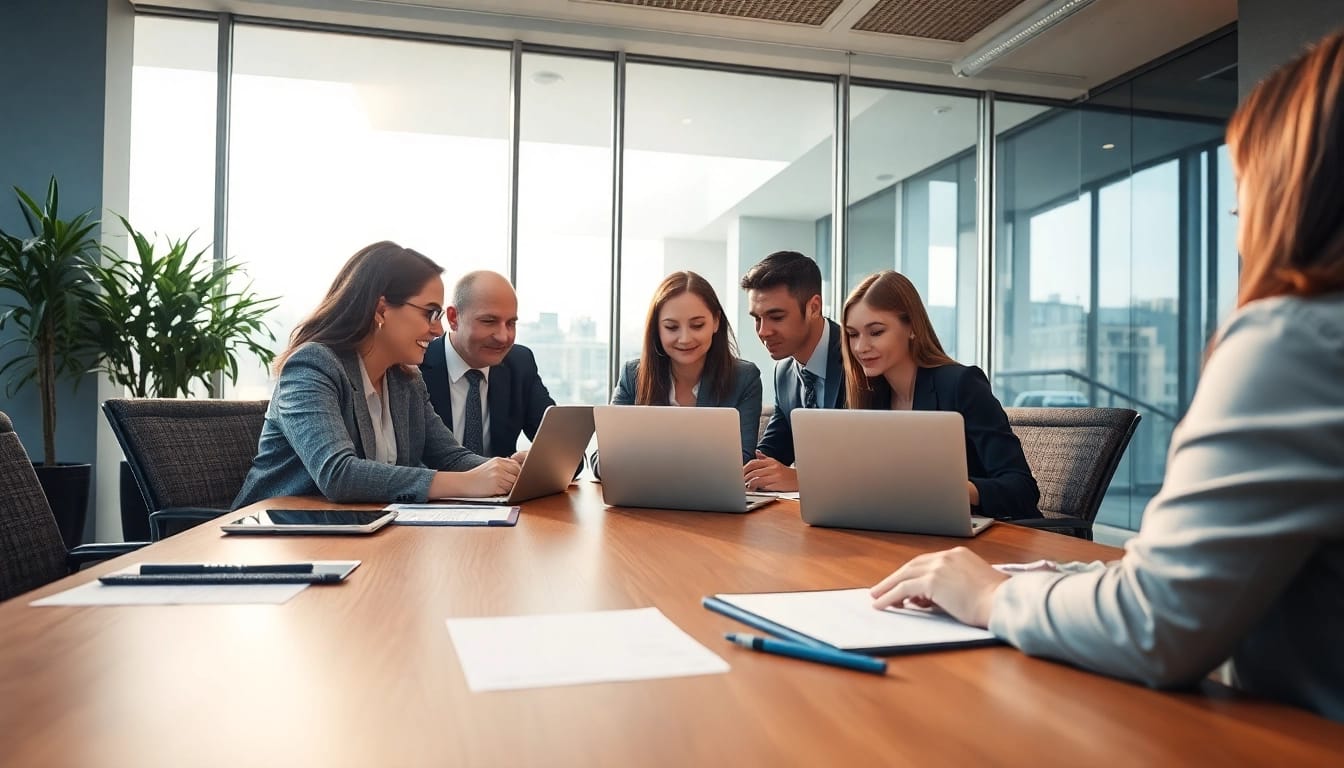 Professionelle Diskussion in der Headhunter Agentur mit Fachleuten am Tisch, die Laptops nutzen.