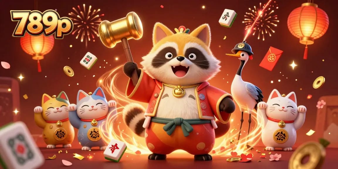 Experience the vibrant world of 789p with a joyful tanuki and dynamic casino elements.